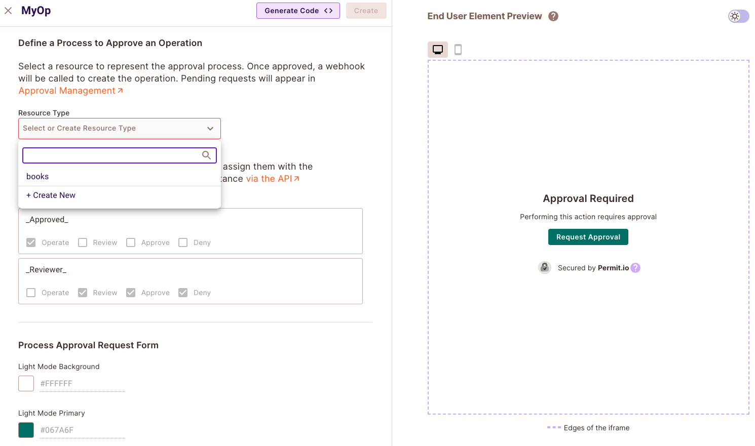 Operation Approval element form with the resource dropdown