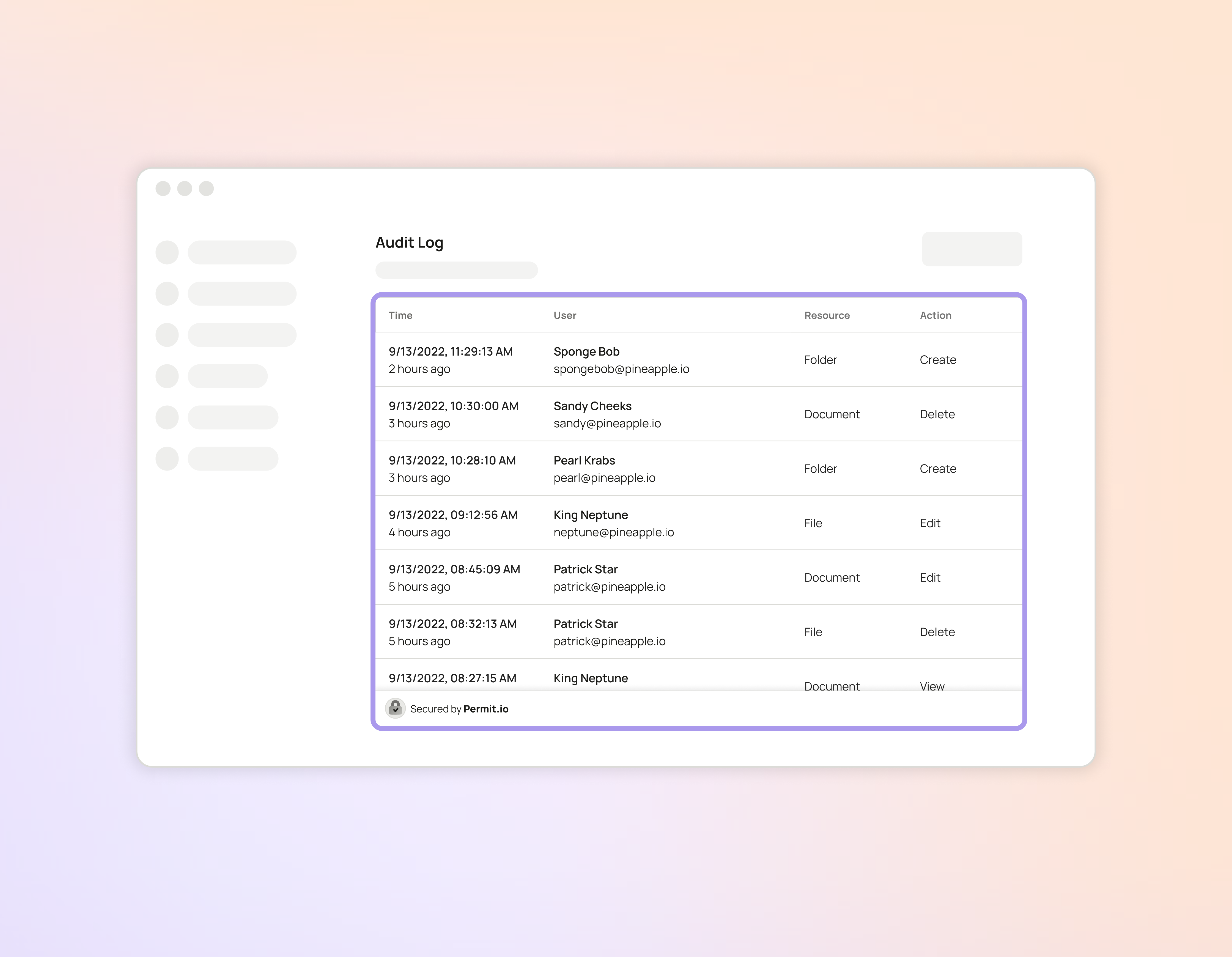 Audit Logs element embedded in an application, listing events with time, user, resource, and action columns