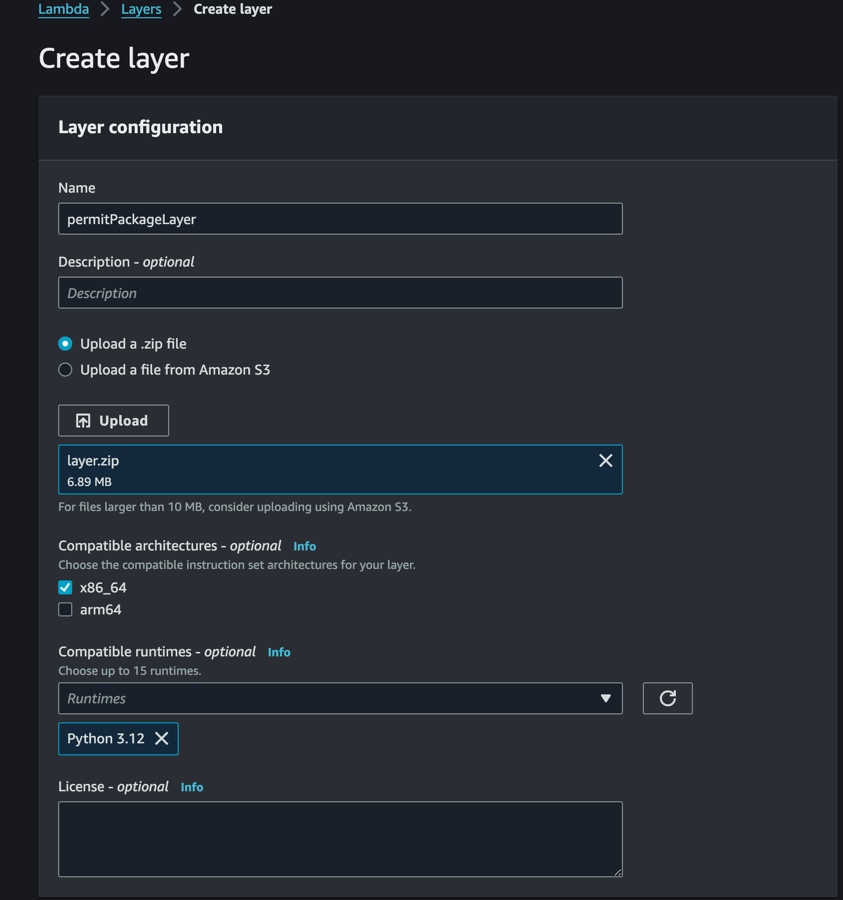 AWS Lambda Create layer form with the zip file upload field