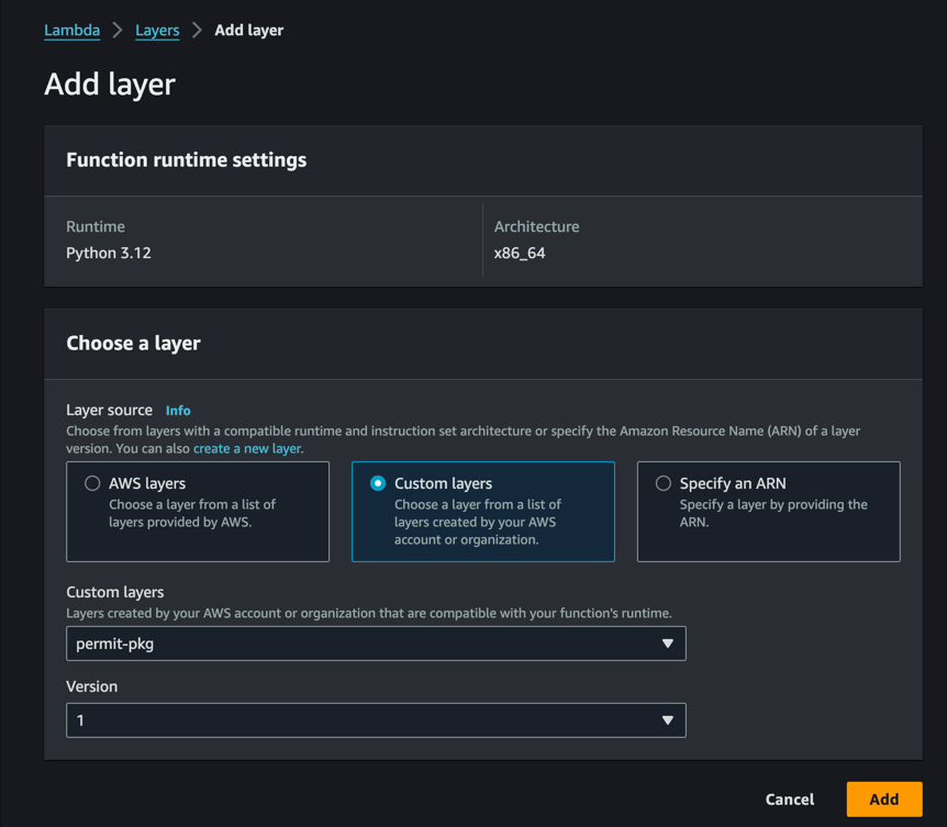AWS Lambda Add layer page with a custom layer selected