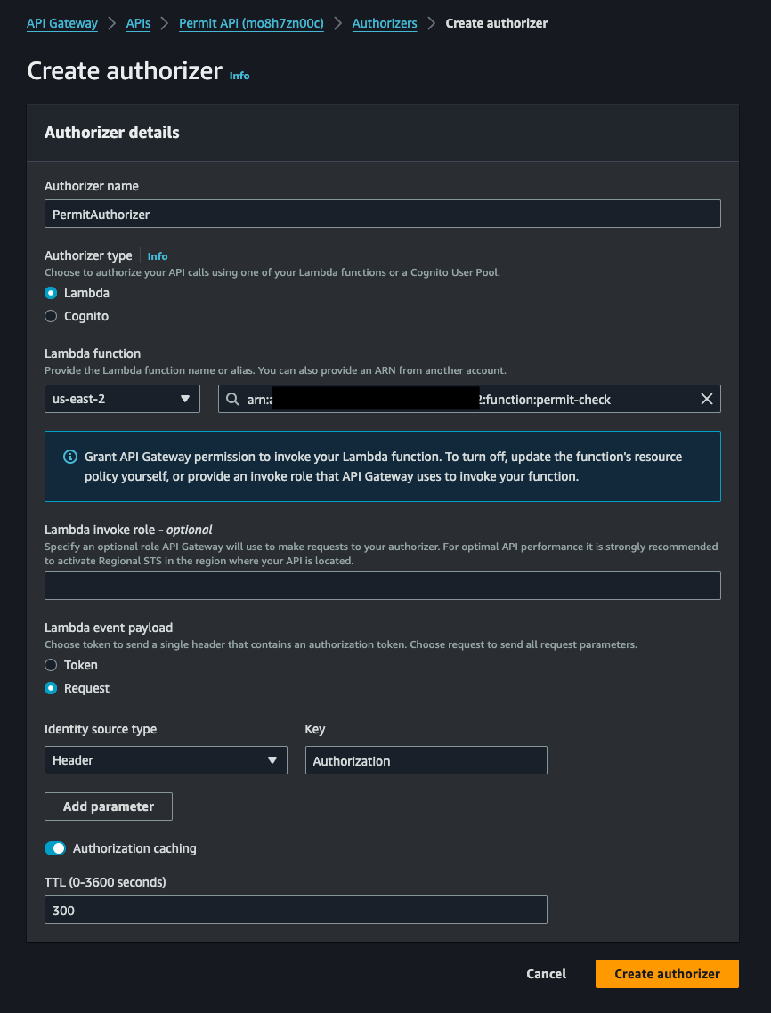 API Gateway Create authorizer form with the Lambda type, the permit-check function, the Request payload, and a header identity source