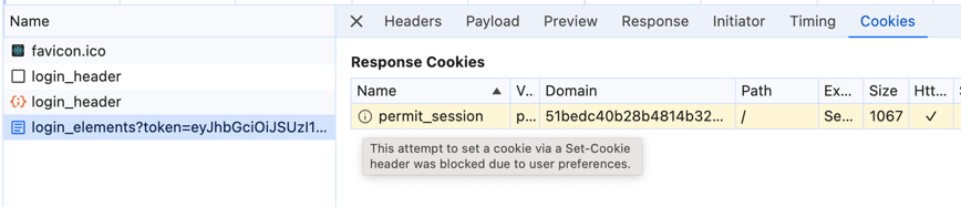 Network tab showing a Set-Cookie header blocked by the browser