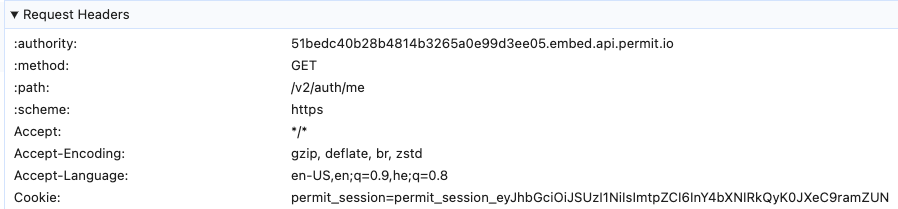 Request Headers of the /me request with the permit_session cookie highlighted
