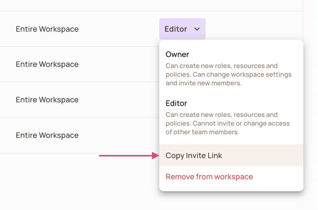 Access level menu of a member on the Members tab with the Copy Invite Link option highlighted