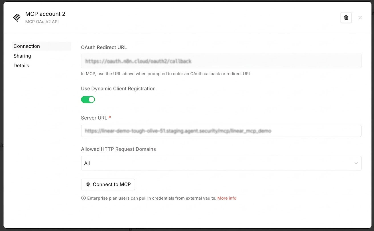 MCP OAuth2 API credential dialog with dynamic client registration on, the gateway URL in Server URL, and the Connect to MCP button