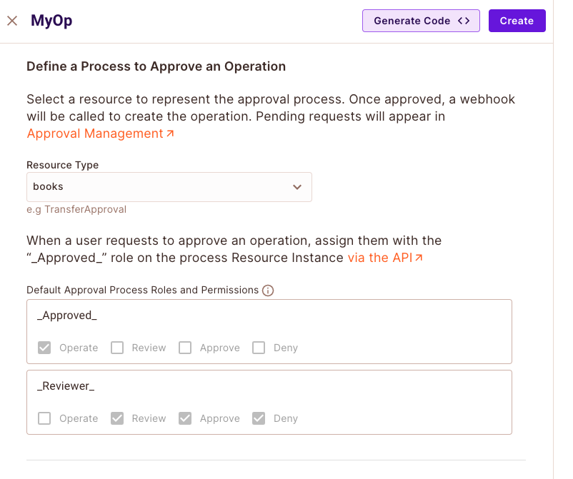 Operation Approval element form with the name field and Create button