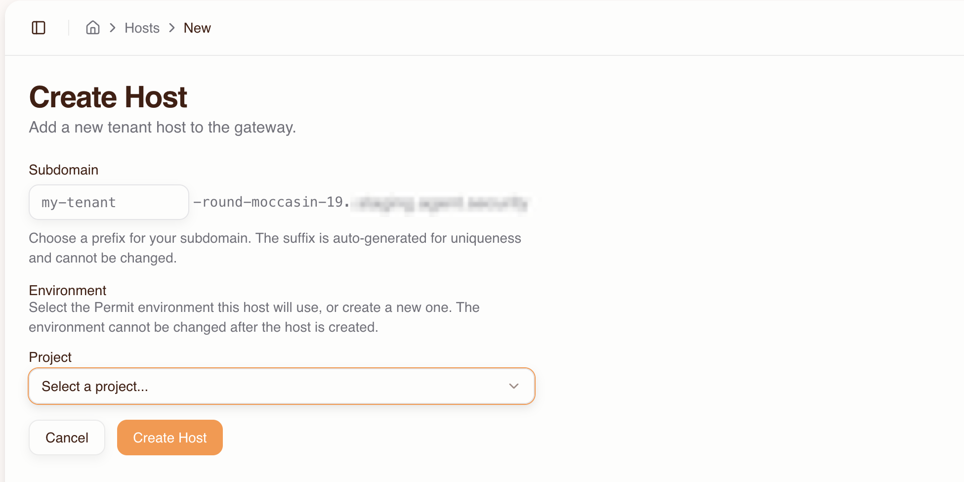 Create Host form with subdomain, project, and environment fields