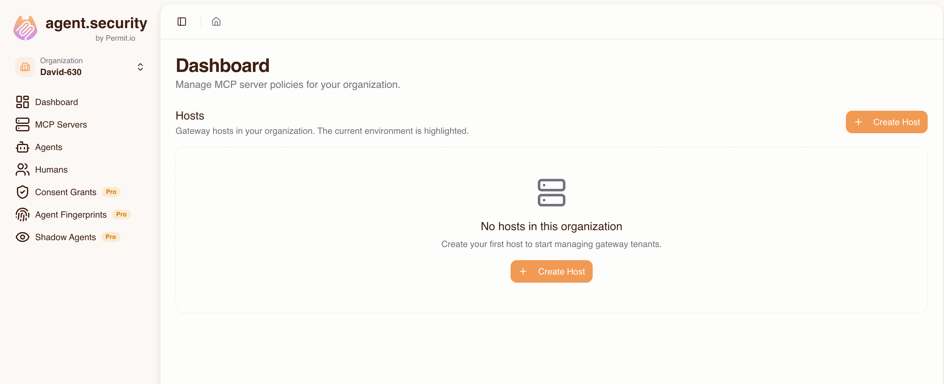 Dashboard with the Create Host button