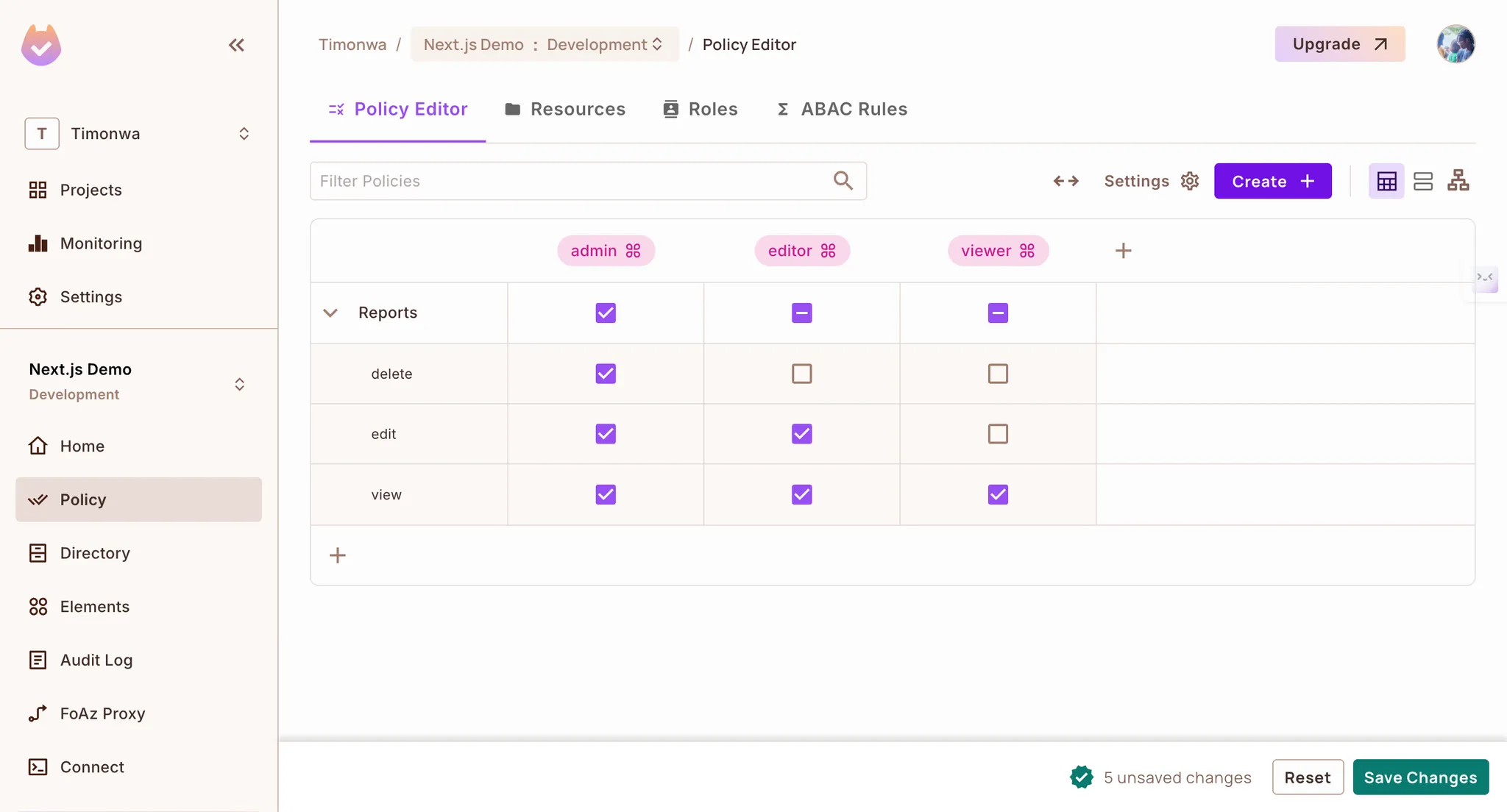 Permit Policy Editor with Reports actions assigned to the admin, editor, and viewer roles