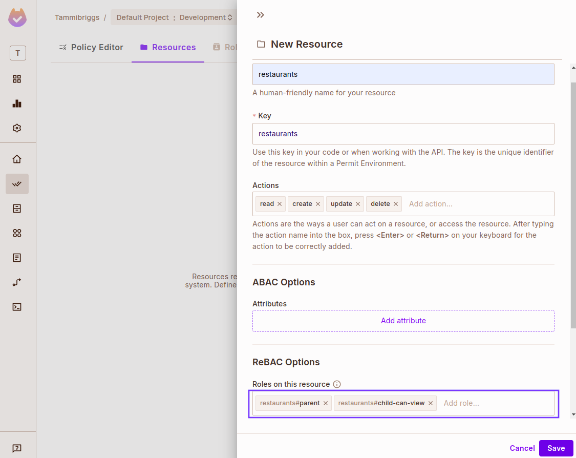 Create resource form with the key restaurants and the ReBAC roles parent and child-can-view