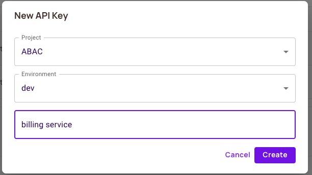 Create Key dialog on the API Keys tab of the Permit dashboard