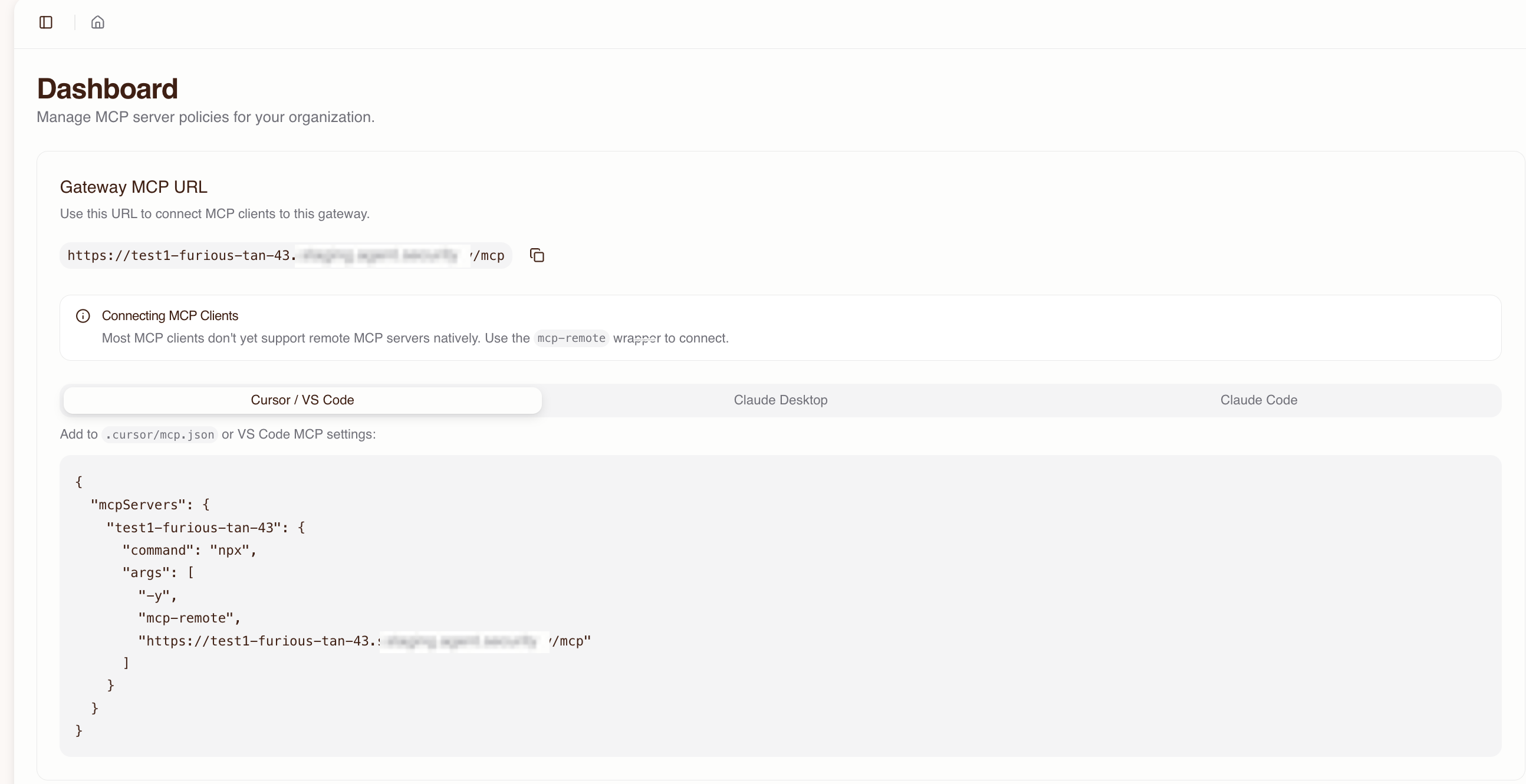 Host dashboard showing the gateway MCP URL and client configuration snippets