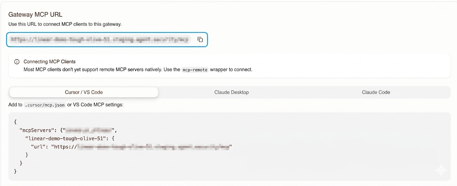 Dashboard showing the gateway MCP URL