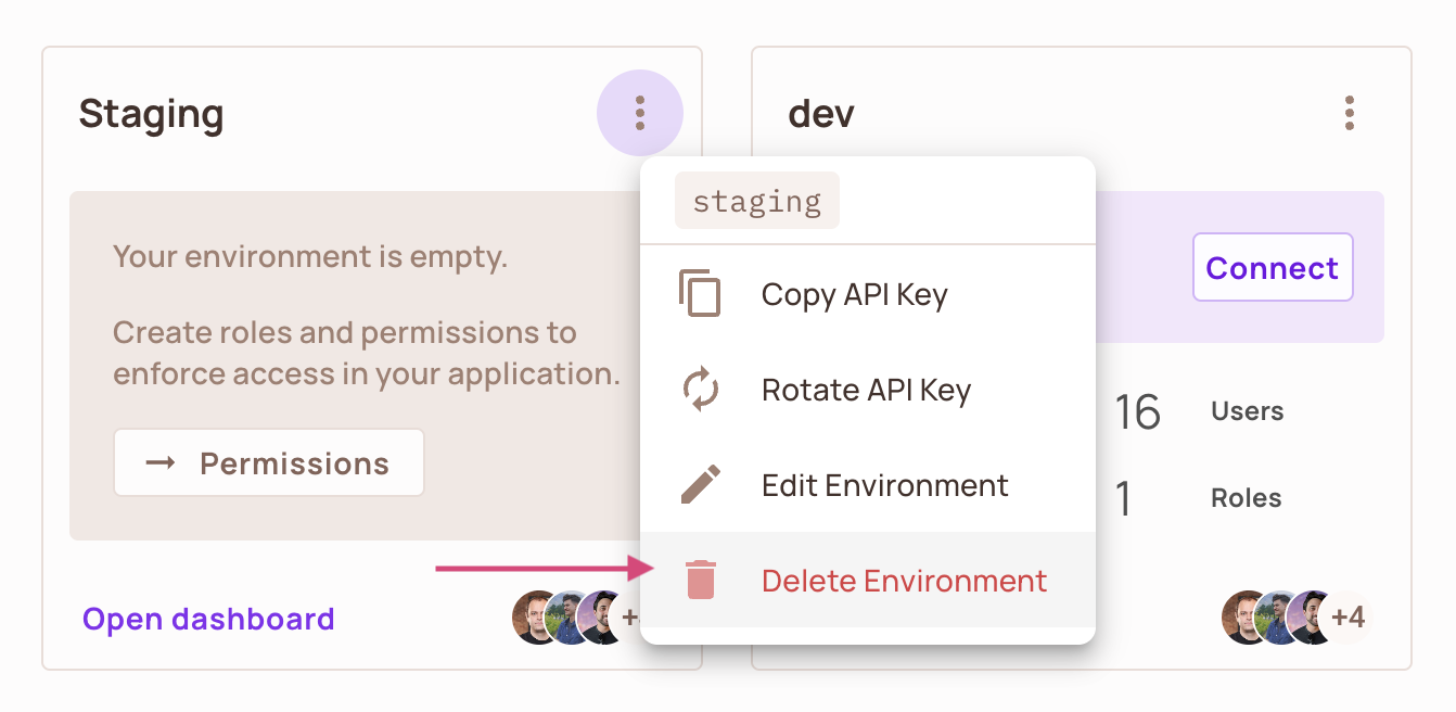 Environment card menu with the Delete Environment option highlighted