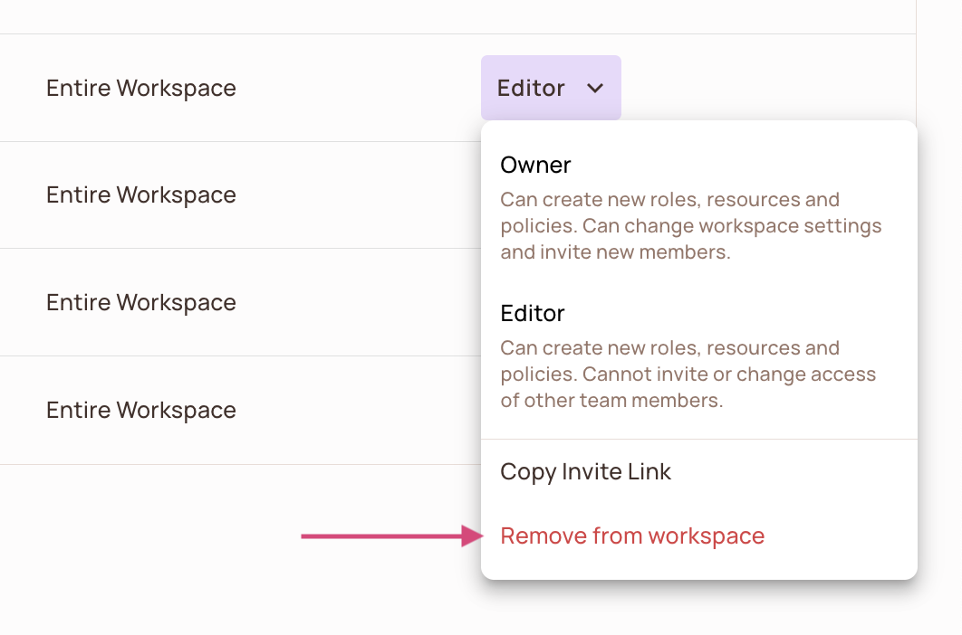 Access level menu of a member on the Members tab with the Remove from workspace option highlighted