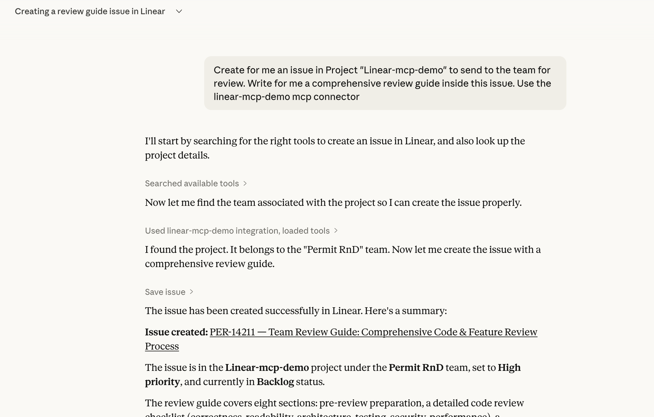 Claude Desktop creating a Linear issue
