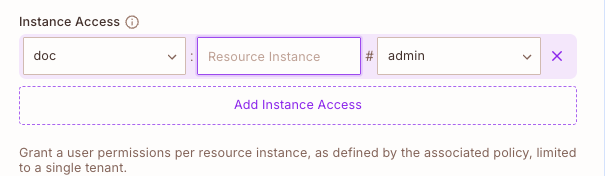 Instance Access section of the Edit Group screen with resource type, resource instance, and role fields