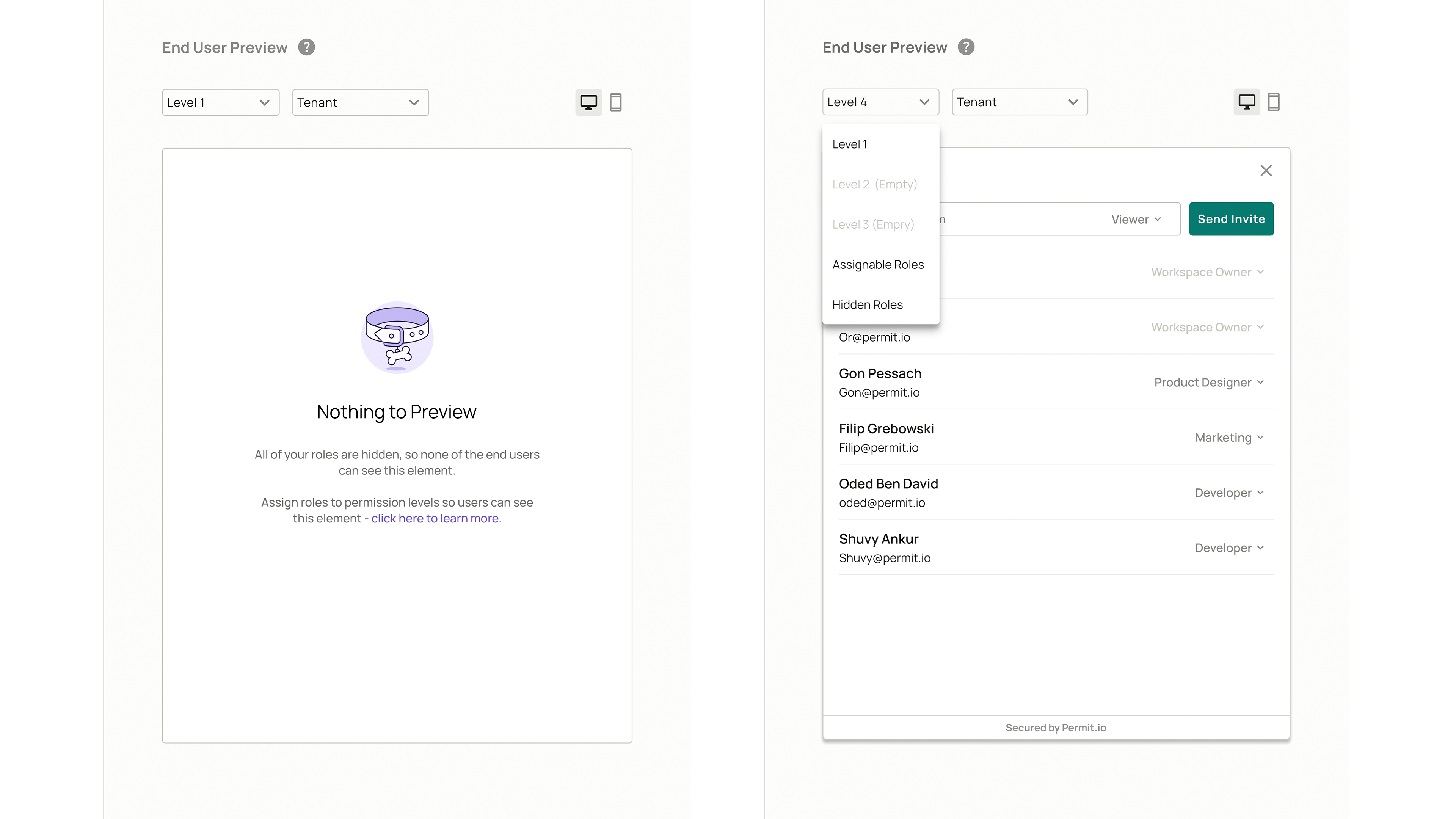 Two End User Preview panels: on the left, Level 1 with Nothing to Preview because all roles are hidden; on the right, the level dropdown open over a User Management element that lists users and a Send Invite button