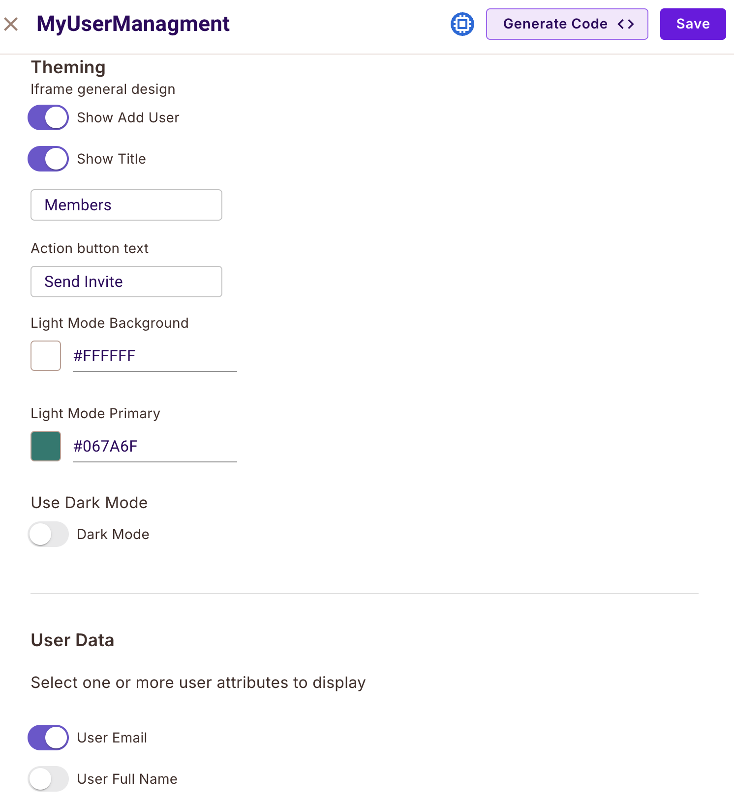 Element settings panel with color, title, user detail, and webhook options