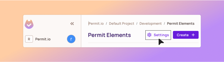 Permit Elements screen with the Settings button next to Create