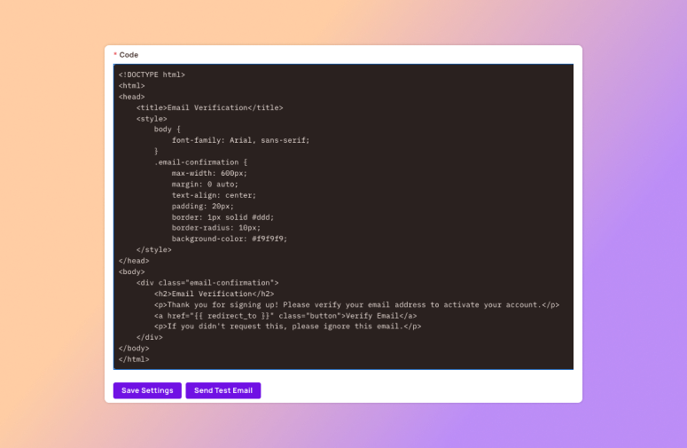 Email template Code editor with an HTML email verification template that links to the redirect_to variable