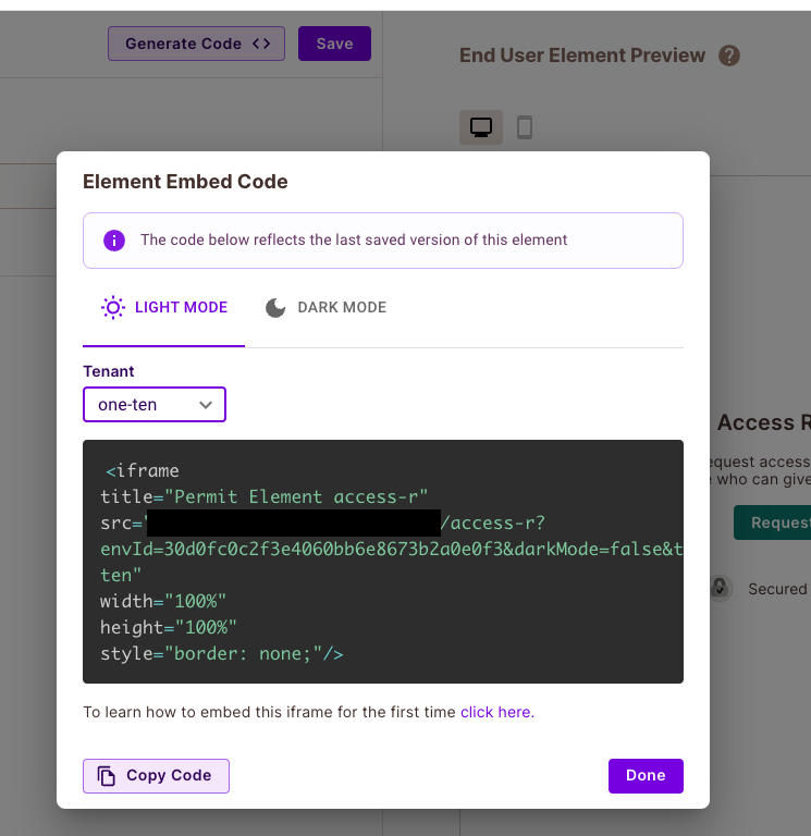 Access Request element page with the Generate Code button