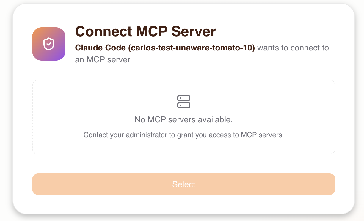 Consent flow empty state with no MCP servers available
