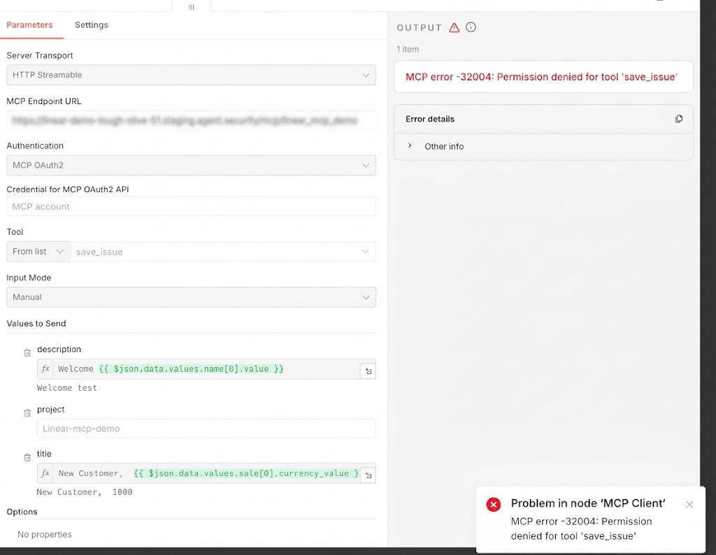 n8n node output showing MCP error -32004 Permission denied for tool save_issue