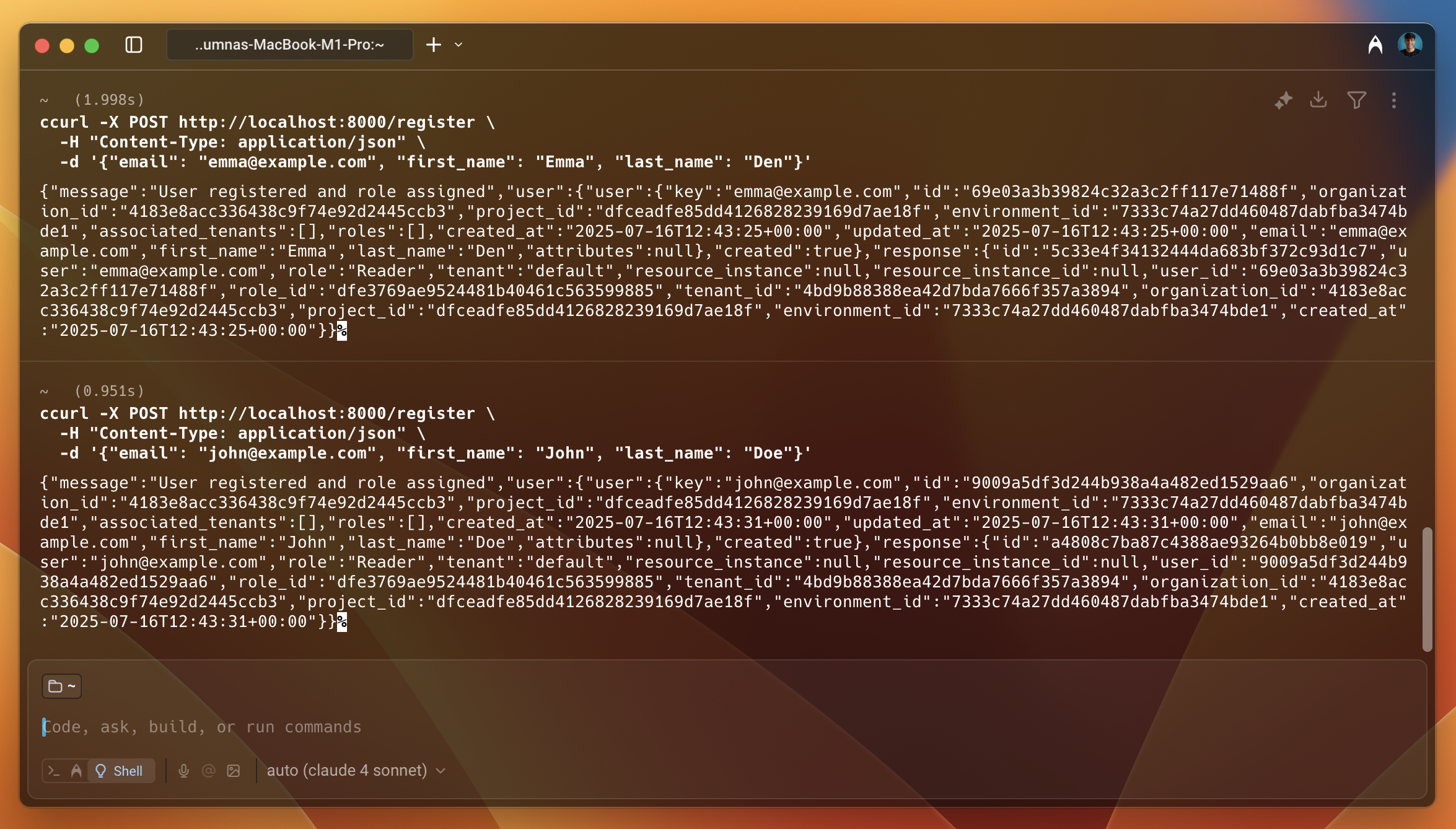 Terminal showing curl requests to /register for Emma and John, each returning the synced user and a Reader role assignment