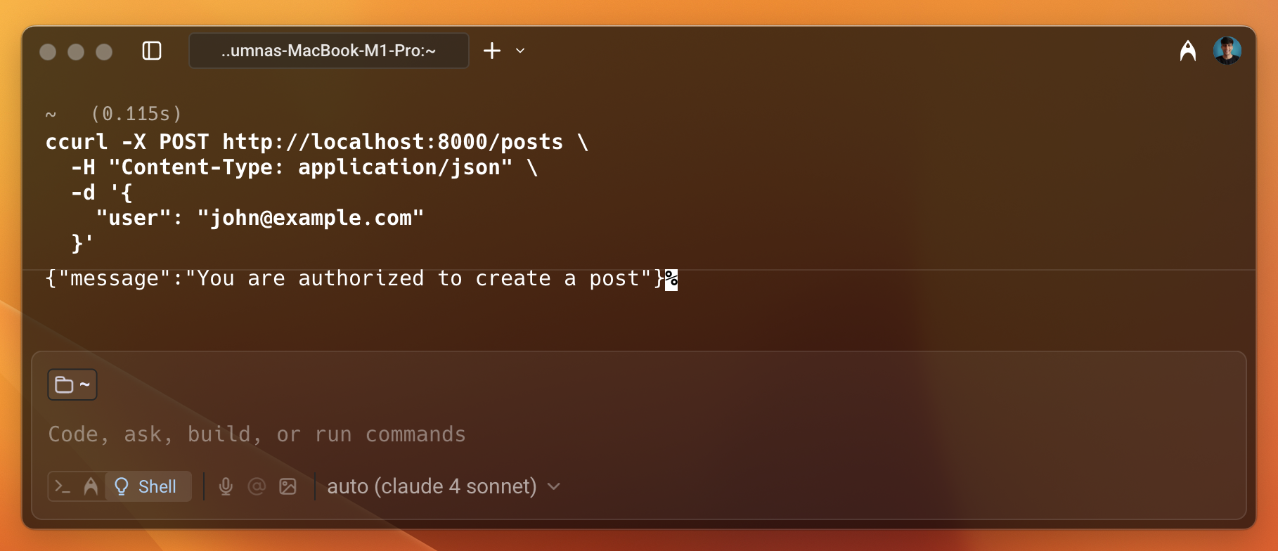 Terminal showing a curl request to /posts for john@example.com returning You are authorized to create a post