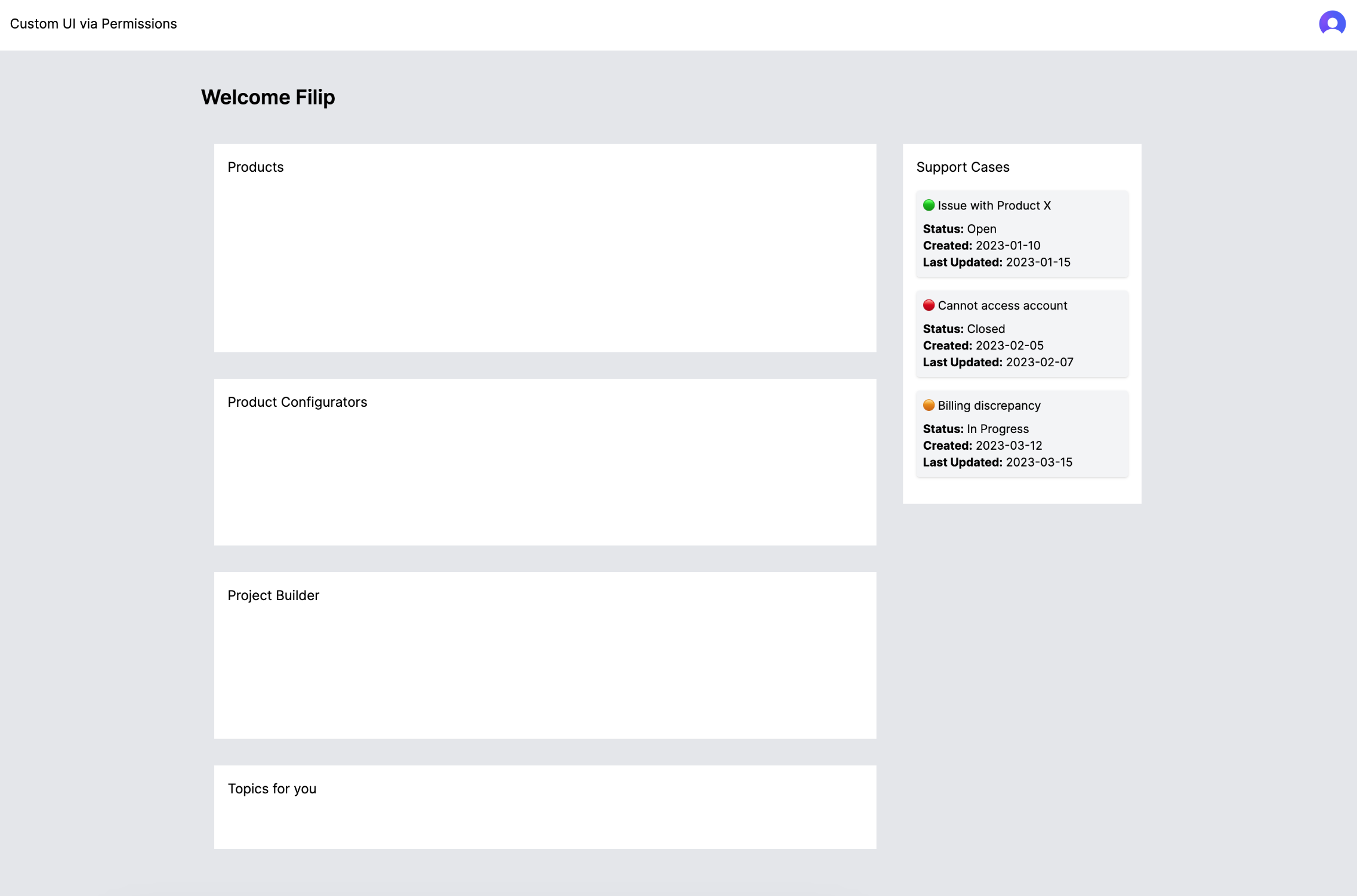 Custom UI via Permissions dashboard showing all four tiles