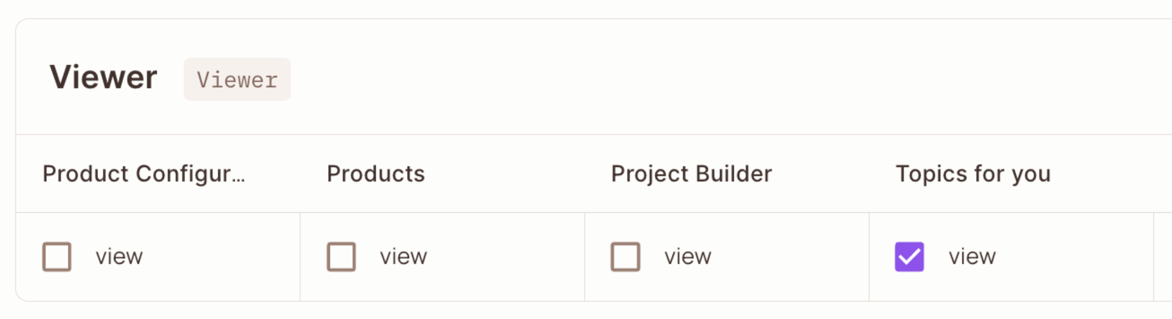 Policy Editor where the Viewer role has view checked only on Topics for you