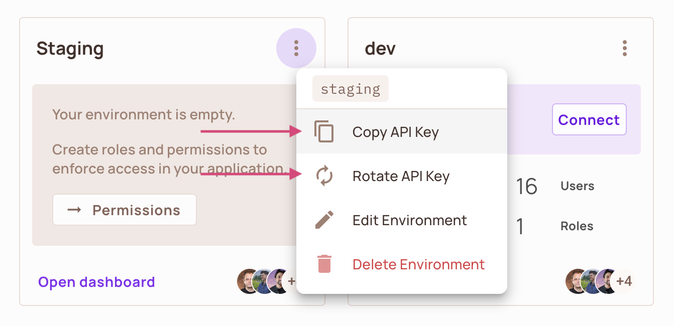 Environment card menu with the Copy API Key and Rotate API Key options highlighted