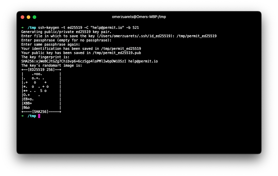 Terminal output of ssh-keygen generating an ECDSA key pair