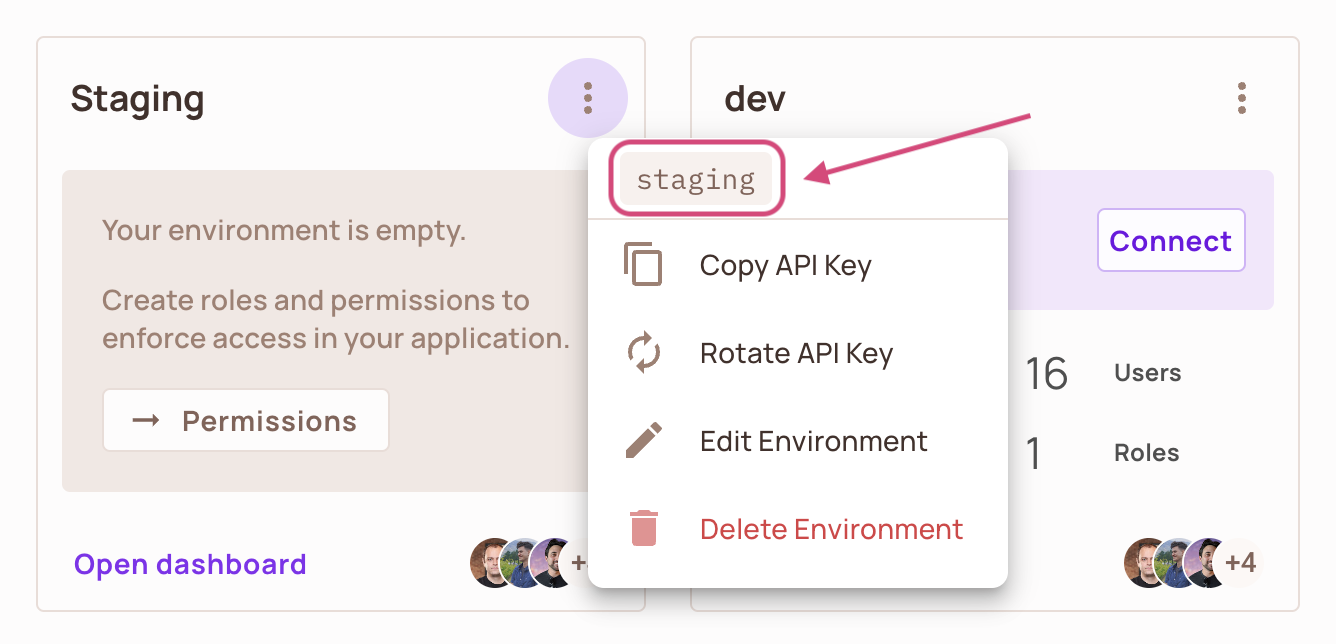 Environment card menu in the Permit dashboard showing the environment key