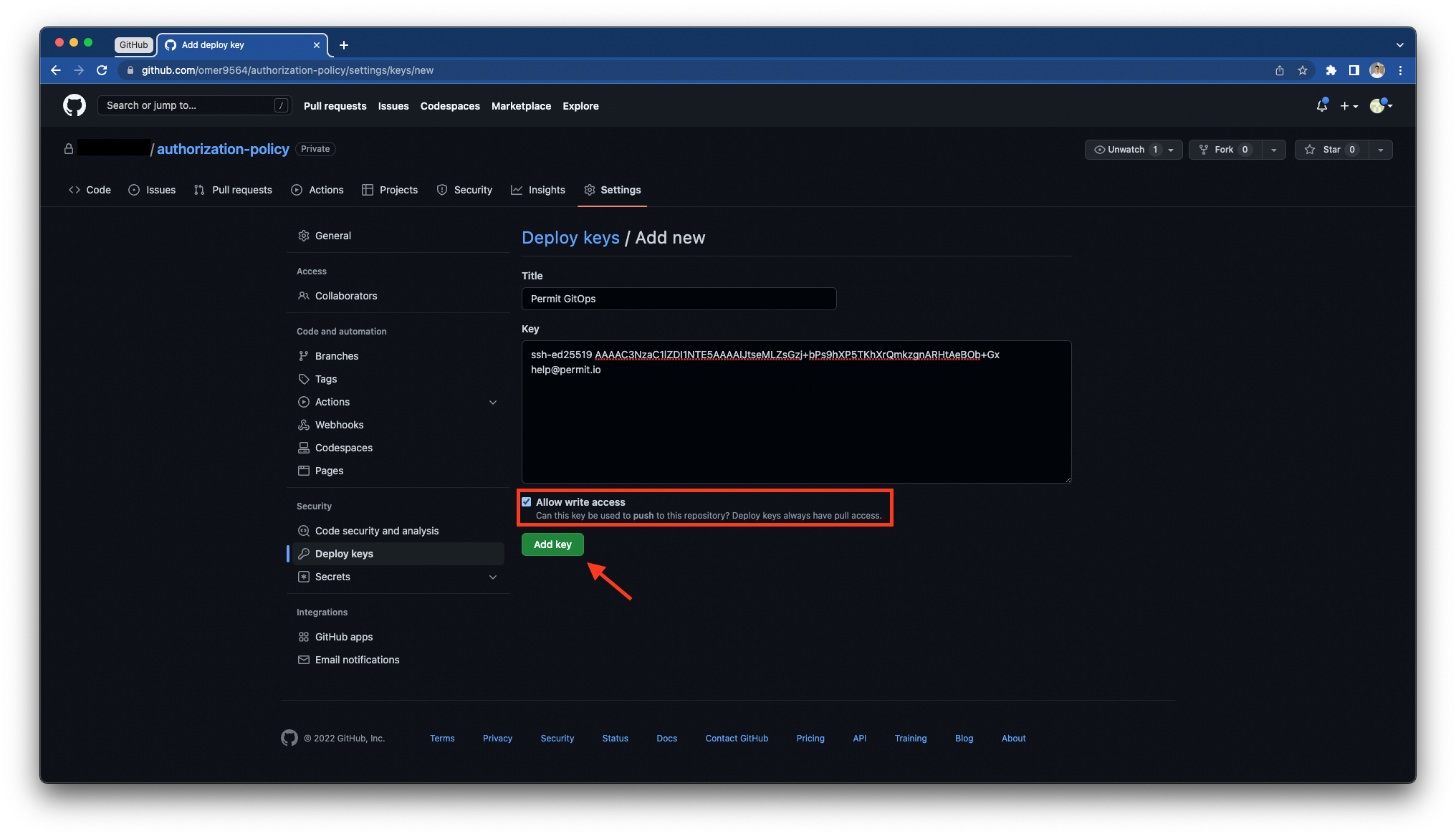 The Add deploy key form in GitHub with the Allow write access checkbox selected