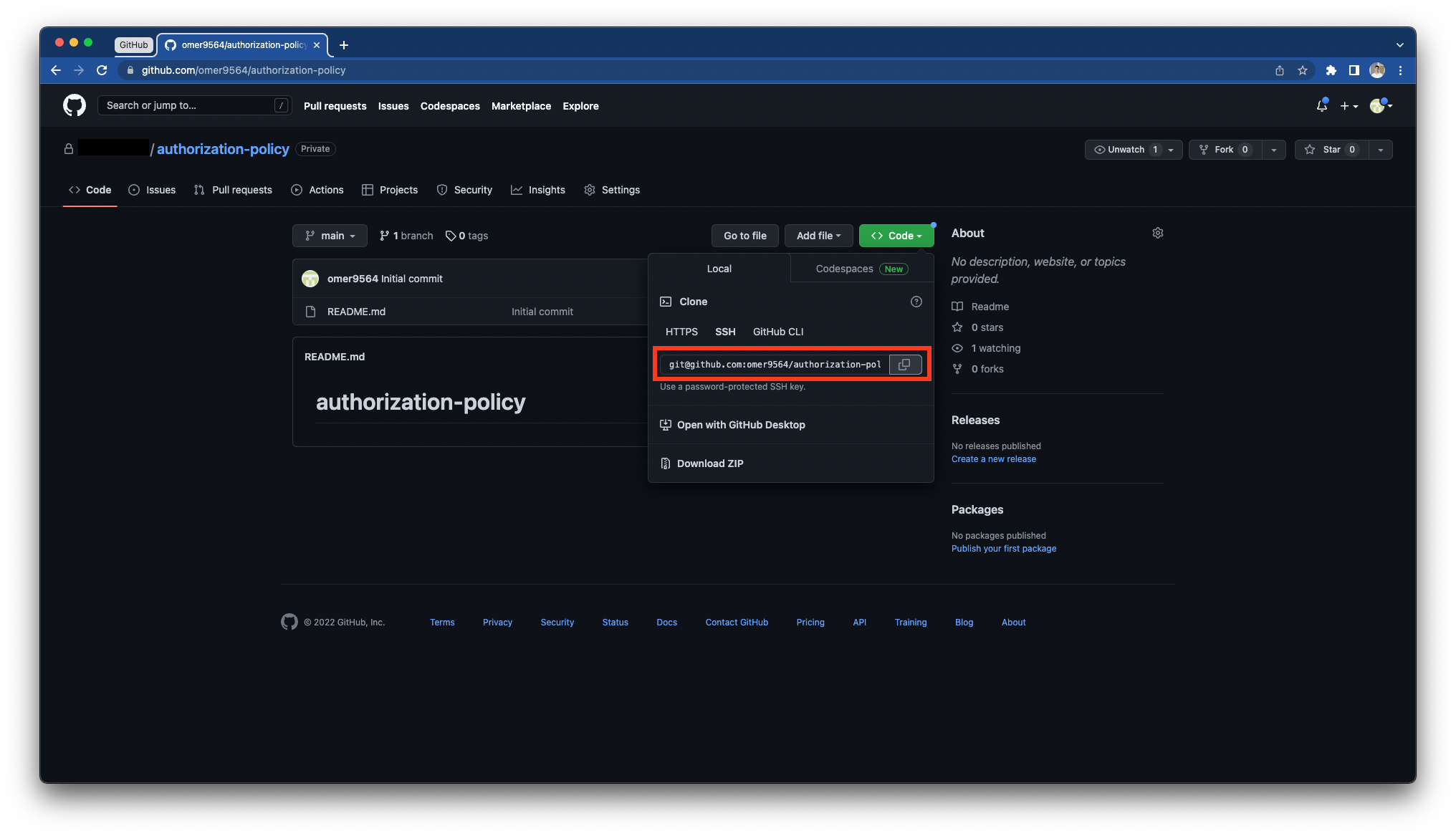 The GitHub Code menu with the SSH clone URL selected