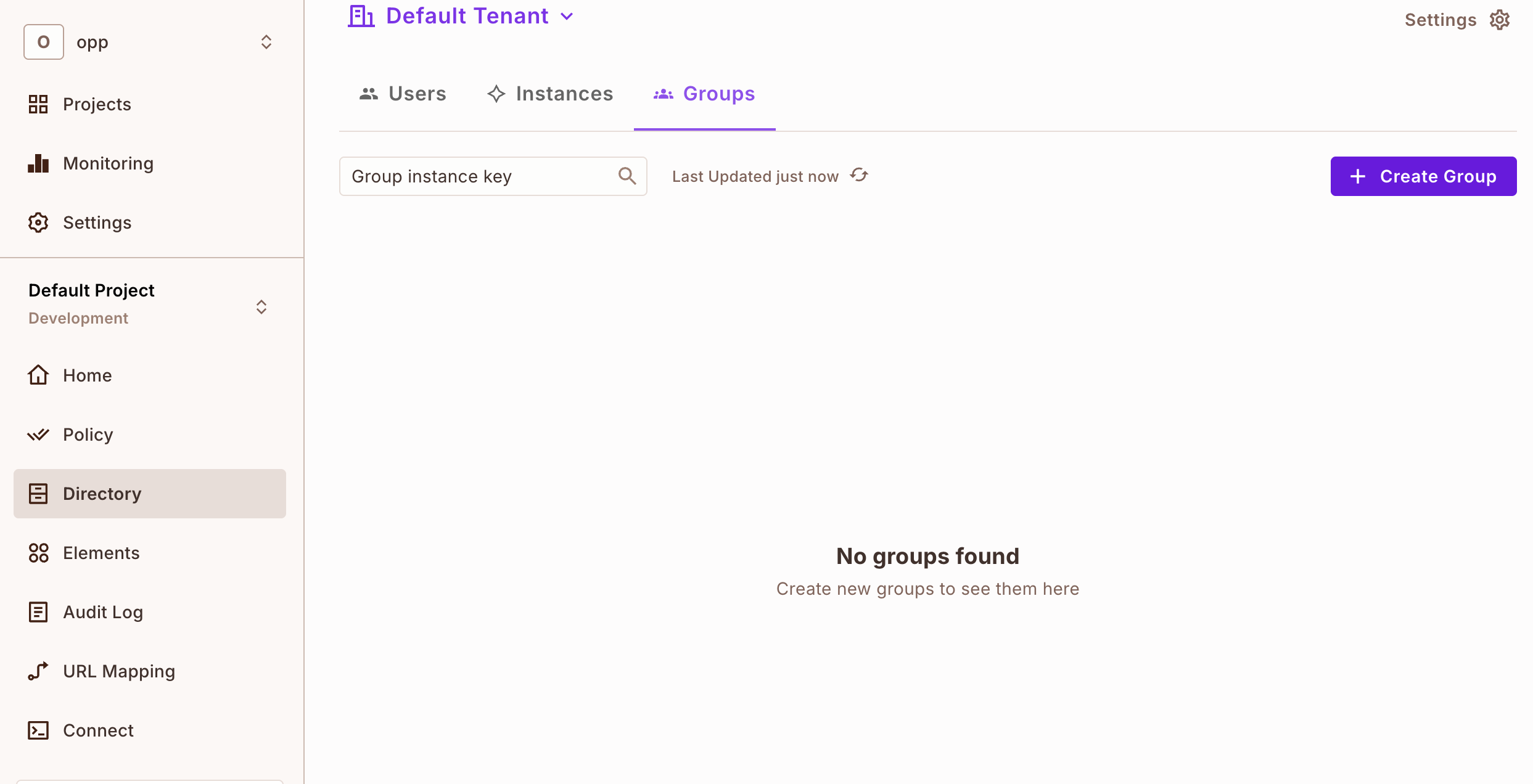 Groups tab in User Management, listing groups with their group instance key, tenant, and resource type