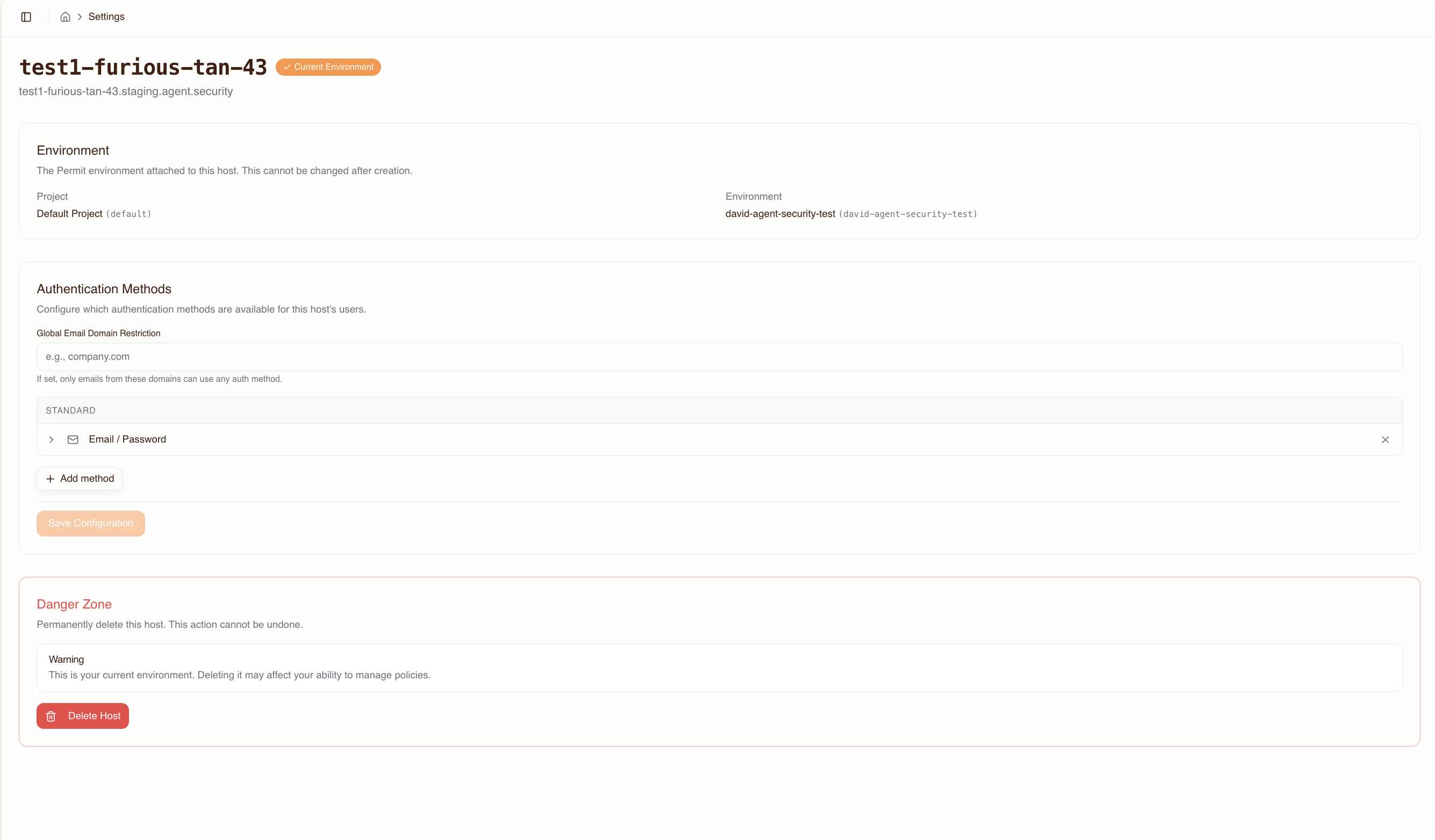 Host settings page with authentication method toggles
