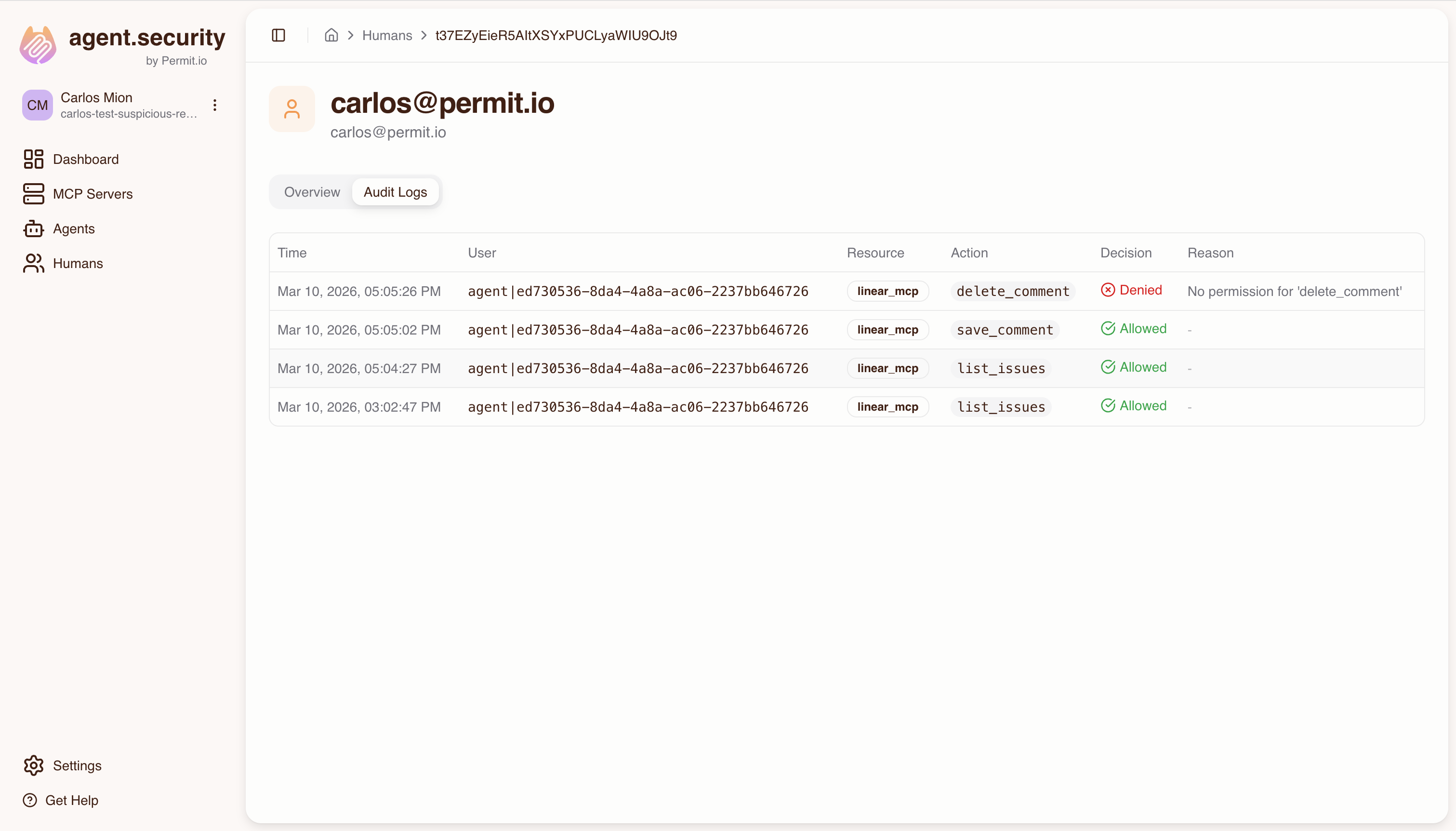 Audit Logs tab on a human detail page listing tool calls from all of the human's agents