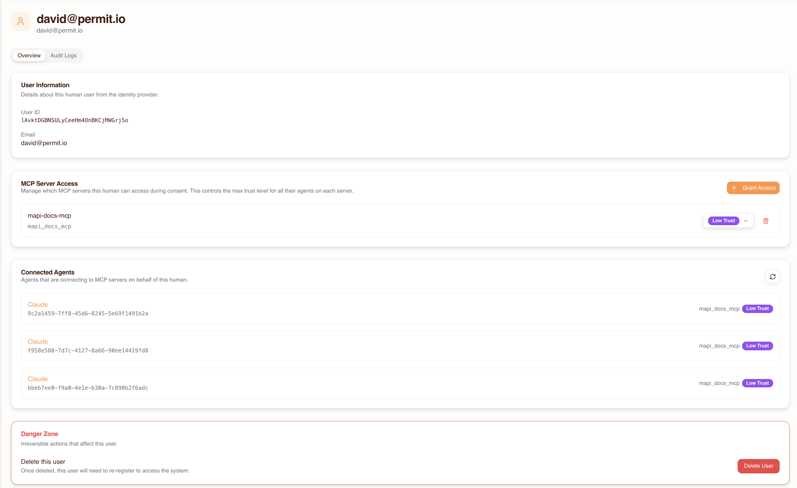 Human detail page showing MCP server access and connected agents