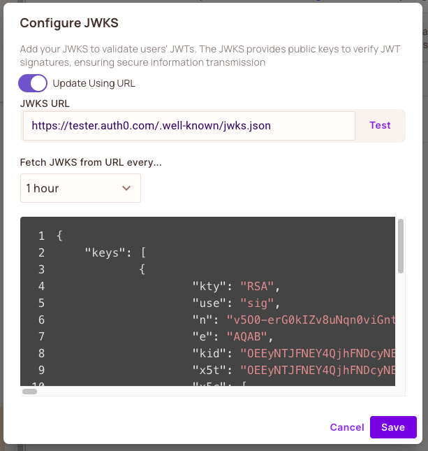 JSON editor on the JWKS Config page, with a pasted JWKS object