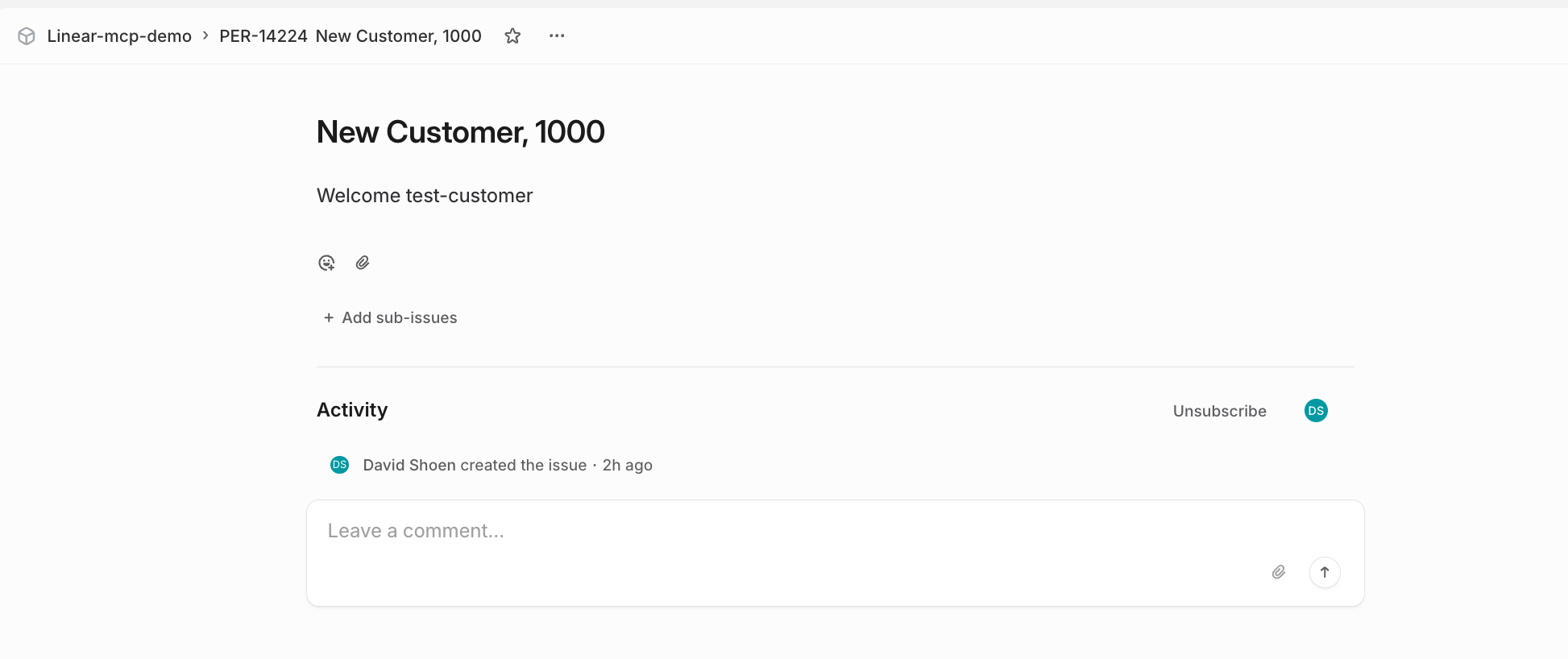 Linear issue created from the Attio item, with the customer name in the title