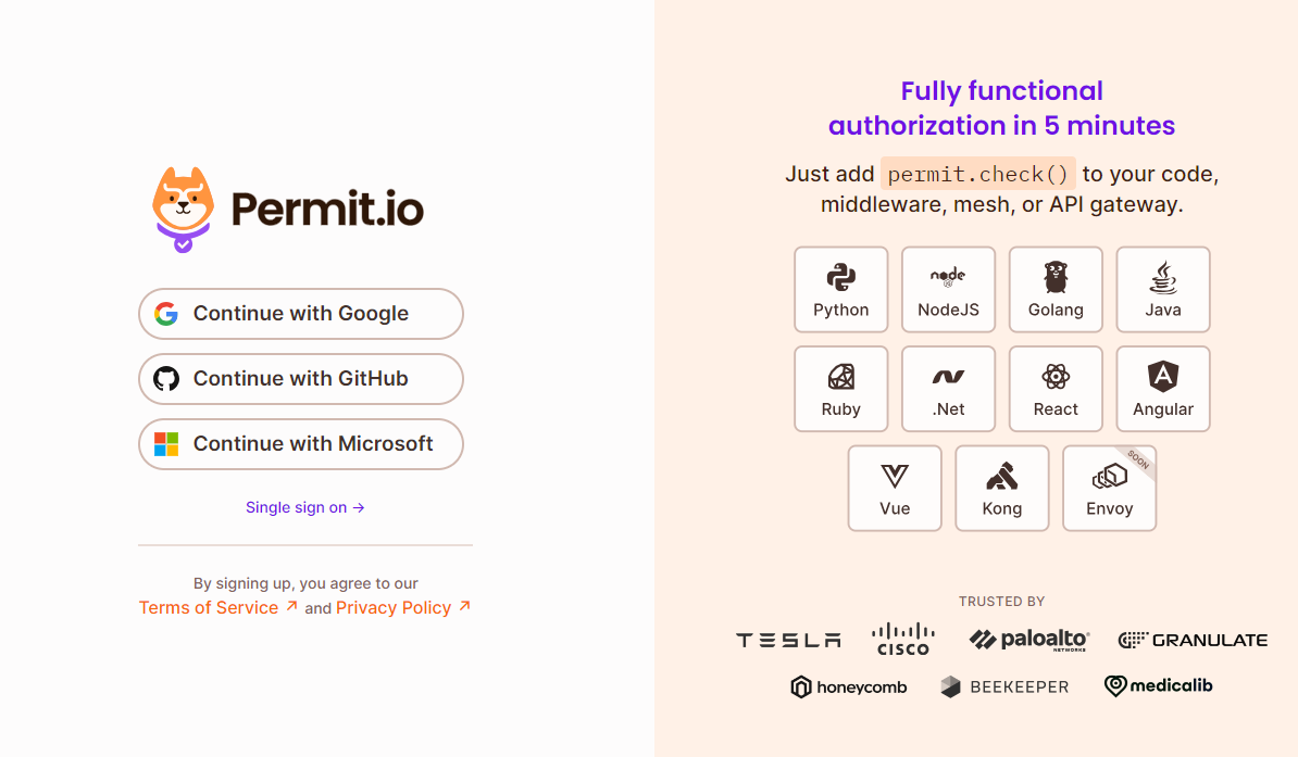 Permit.io sign-in page with Continue with Google, Continue with GitHub, Continue with Microsoft, and Single sign on options
