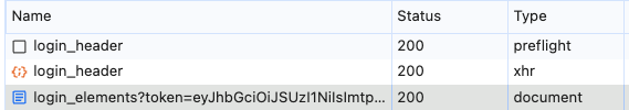 Network tab showing a request to login_elements