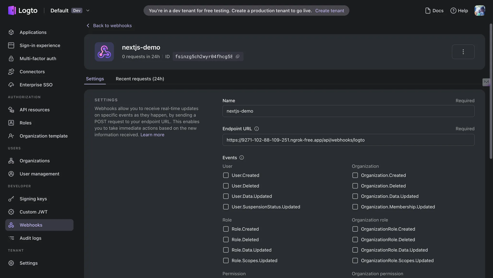 Logto Console webhook form with the PostRegister event selected