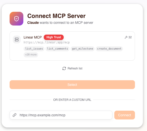 Linear MCP server available for selection in the Consent Service