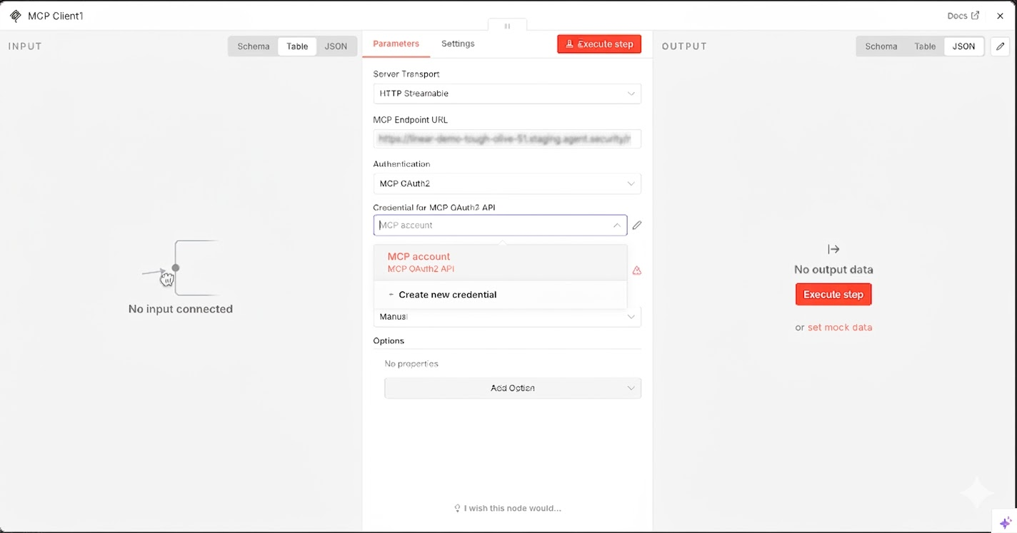 MCP Client Tool parameters with the gateway MCP endpoint URL, MCP OAuth2 authentication, and the Create new credential option