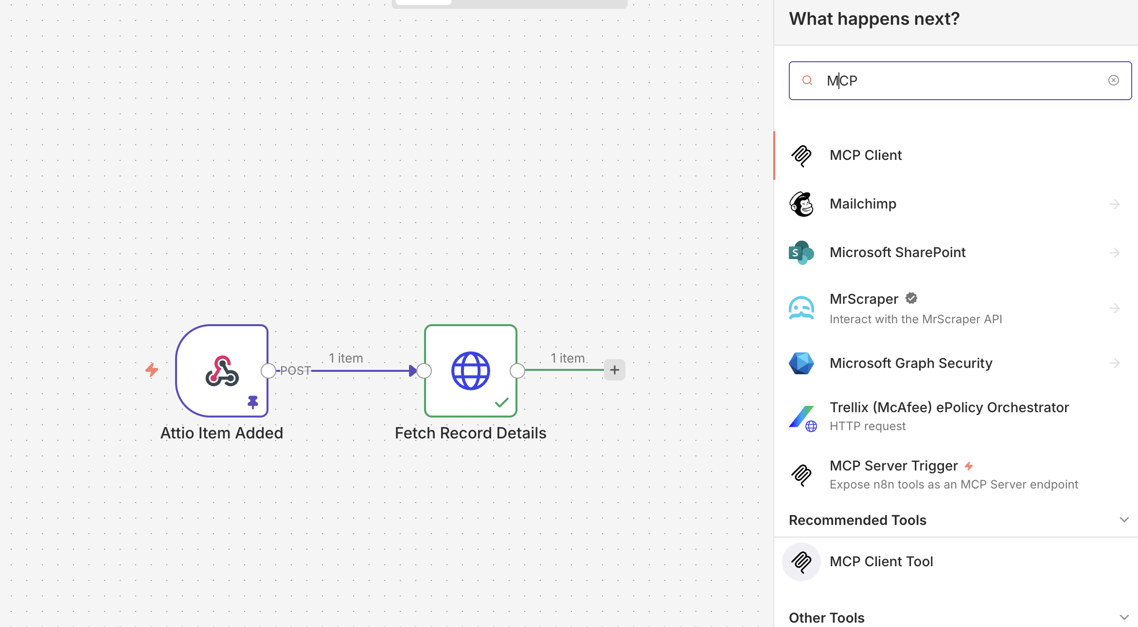MCP Client Tool in the n8n node selector