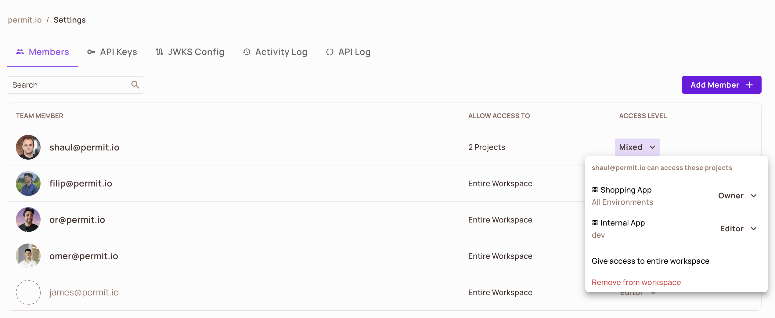 Members tab with a member set to Mixed access, showing Owner of Shopping App in all environments and Editor of the dev environment of Internal App